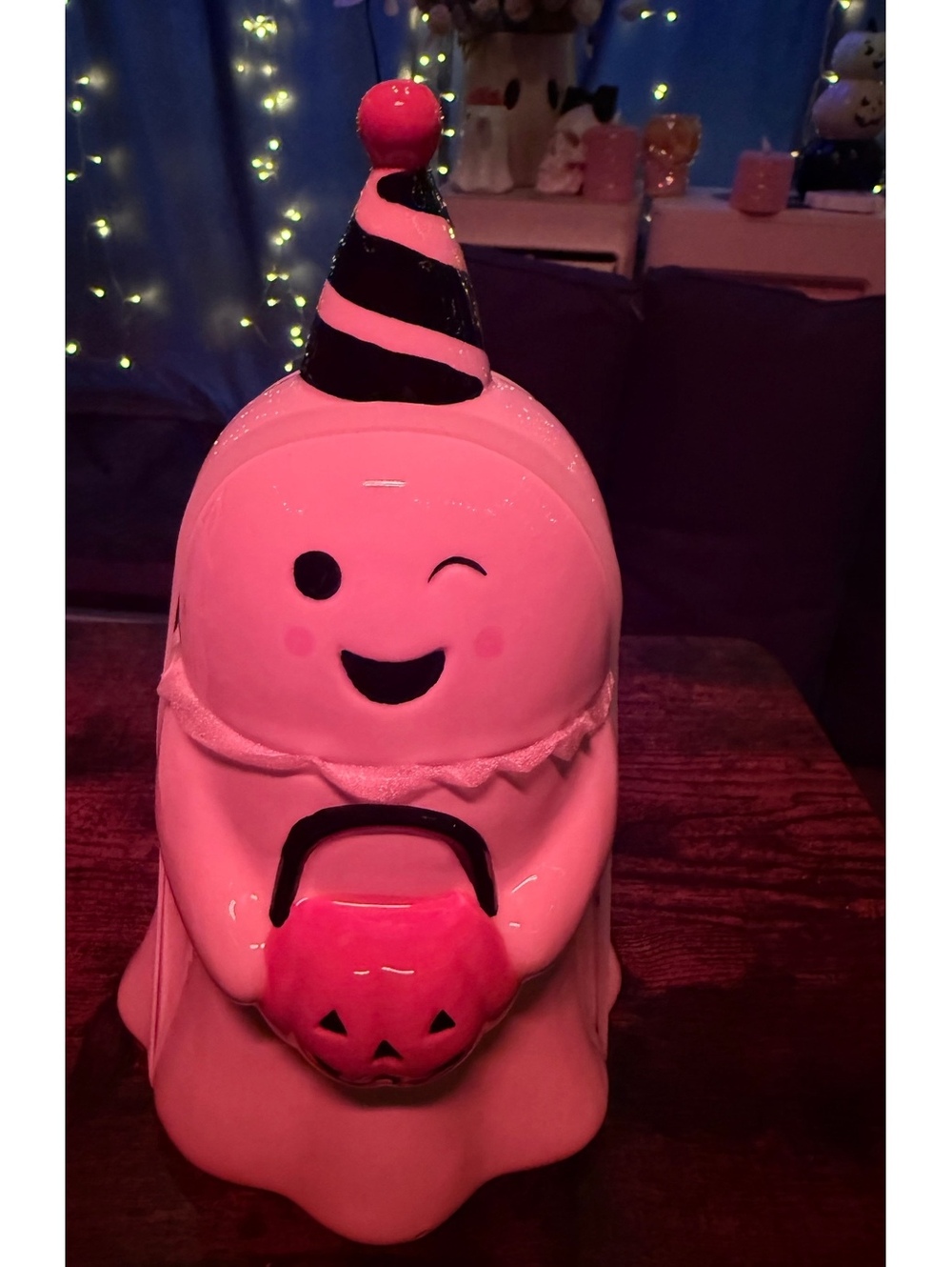 Pink Ghost Ceramic Container with Pumpkin Hat